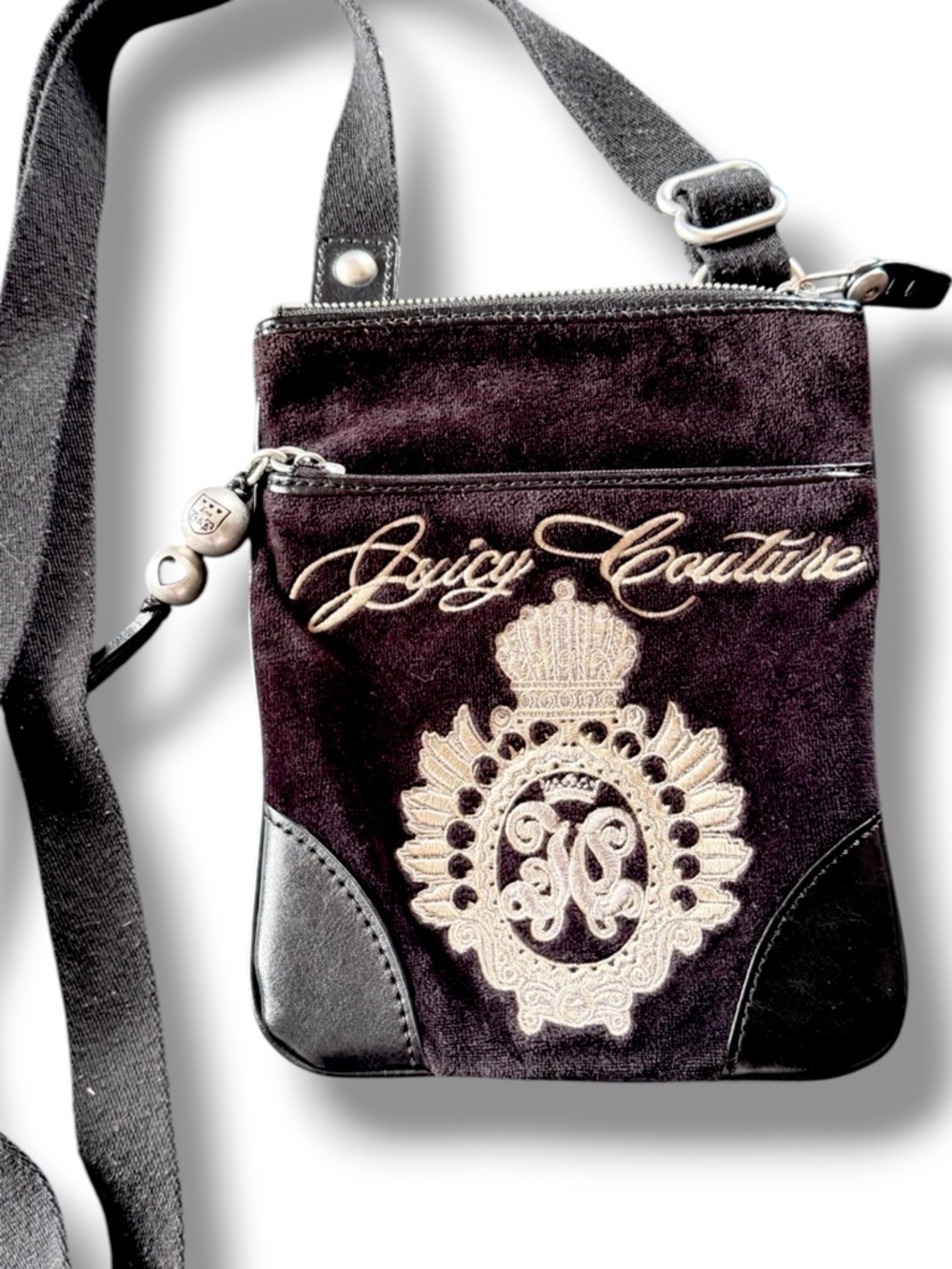 Juicy Couture Y2K Black Velour Embroidered Crossbody Bag